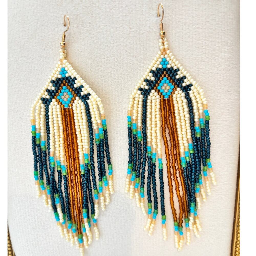 Boho Beaded Fringe Earrings Turquoise Ivory Tribal Western Dangle NWT - Picture 2 of 2